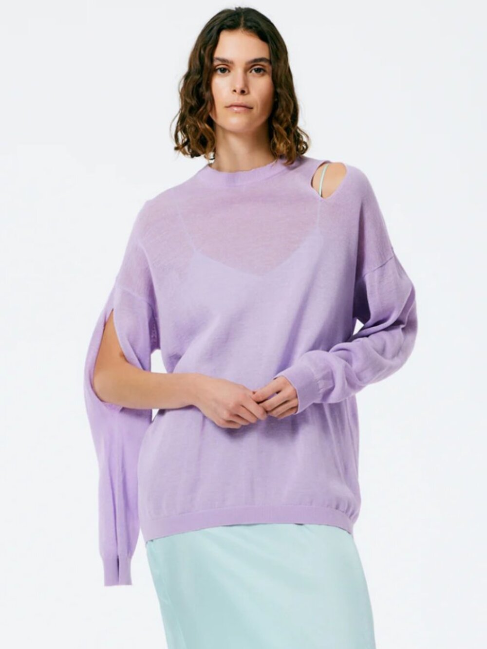 Tibi Crispy Viscose Slit Detail Oversized Pullover Lavender Size XL Raw Edge